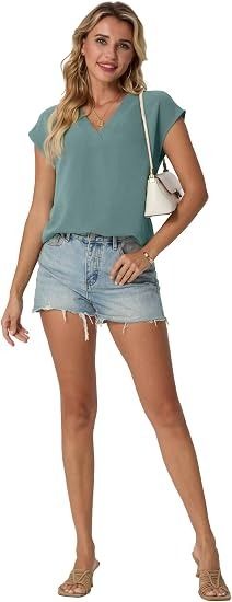 Green V-Neck Cap Sleeve Blouse image 4